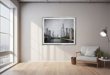 Cozy Living Room with Couch and Picture Frame on Neutral Wall