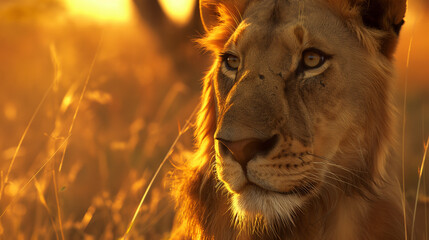 Lion basking in sunlight, showcasing its majestic mane and piercing gaze, embodies the essence of wild beauty