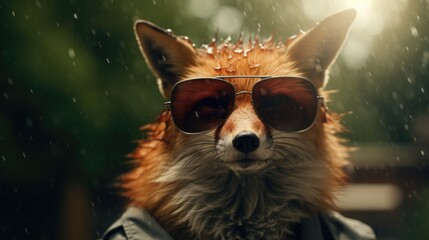Close-up of a fox in glasses. Portrait of a fox. Anthopomorphic creature. A fictional character for advertising and marketing. Humorous character for graphic design. - obrazy, fototapety, plakaty