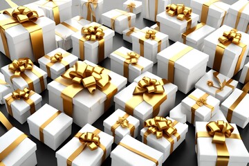 3d white  gift boxes with golden ribbon