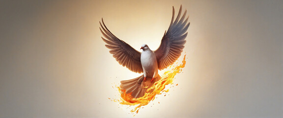 Fiery winged dove, symbol of the Holy Spirit, with space for text - obrazy, fototapety, plakaty