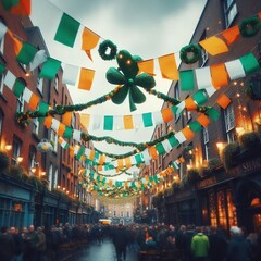Garland with Irish flag colors in a street of Dublin, Ireland - Saint Patrick's Day celebration concept created with generative ai	