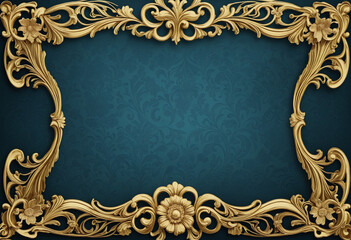 Vintage Gold Floral Decorative Frame on Blue Background