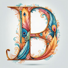 Ornate Colorful Watercolor Feather Illustration of Letter D in Alphabet Typography