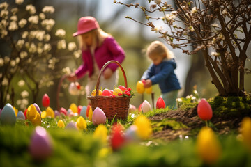 Easter egg hunt. Little girl and her mother playing in the garden.
