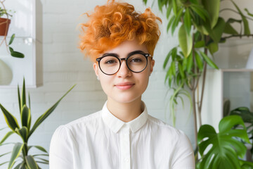 cool young person with orange dyed short hair wearing white shirt glasses portrait in modern office, diversity  - Powered by Adobe