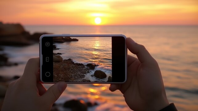picture of sunset over the sea on the cellphone photo of beautiful sunset over sea, nature photography with smartphone camera