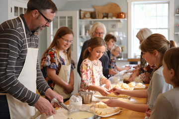 A large family prepares homemade baked goods in the kitchen. Master class on baking