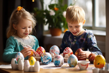 Fototapeta na wymiar Happy Easter. Cute little children painting Easter eggs at home