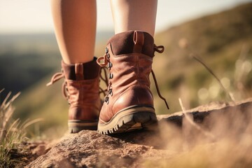 Close-up of woman hiking up mountain trail wearing a leather hiking boot. Generative AI - obrazy, fototapety, plakaty
