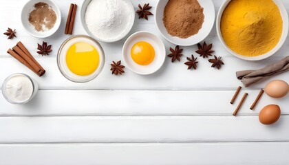 Fototapeta na wymiar Ingredients for cooking autumn baking. Flour, sugar, eggs and spices at white wooden table