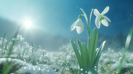Snowdrop grow in a field in a clearing. The first beautiful flowers bloom in spring. Nature background. Illustration for cover, card, postcard, interior design, decor or print.