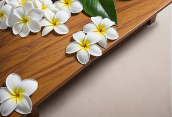 Fototapeta na wymiar Rustic Wooden Table adorned with Beautiful White Frangipani Blossoms