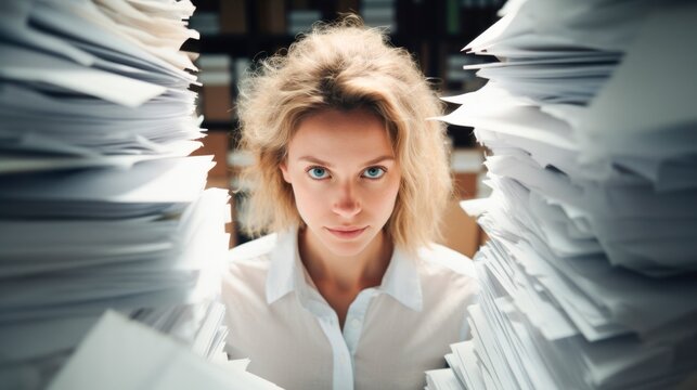 woman working at office with stacks of documents and looking serious  at camera, workaholics get overwhelmed with piles of paperwork, crowded desk with piles of papers,