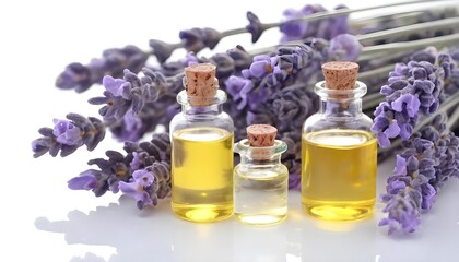 Obraz na płótnie Canvas Spa still life with lavender oil and flowers on white background