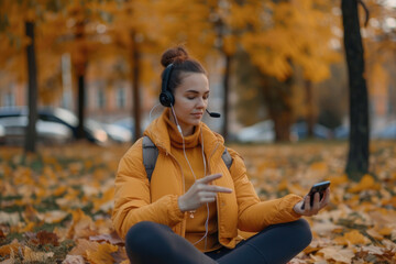 woman in earphones listening to music, meditation app on smartphone and meditating in lotus pose at autumn park
