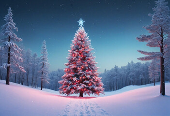 Naklejka premium Festive Tree in Snowy Landscape