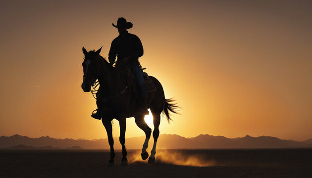 Cowboy on horseback in silhouette against desert sunset with space for text