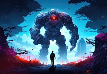 Obraz premium A giant robot on an alien planet. Space explorer or space pioneer. Fantasy scene in watercolor style. Illustration for cover, card, postcard, interior design, decor or print.