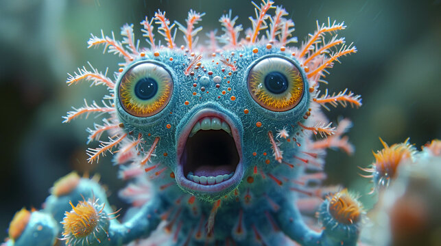 A neon artwork capturing a cute parasite attempting to appear frightening but instead looking endearingly adorable