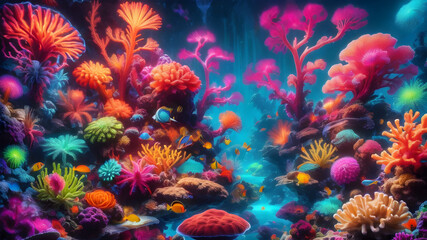 Obraz na płótnie Canvas Nighttime Underwater Fireworks Over Coral Reef