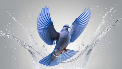 Blue bird with water splashing against a white backdrop