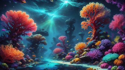 Fototapeta na wymiar Nighttime Underwater Fireworks Over Coral Reef