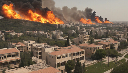 Burning ruins of destroyed houses in city from bombs or missile attacks