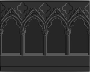 Gothic decorated arcade stylized drawing. Stone ornamented triforium illustration.