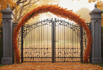 Autumn leaves intertwined on closed metal gates, isolated object on transparent background