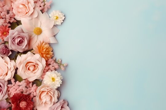 top view of flowers on pastel background with copy space for text