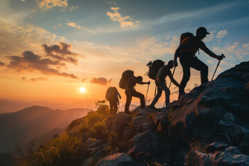A group of hikers team with backpacks helping each other hike up a mountain. Adventurous lifestyle....