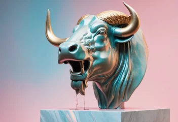 Fotobehang water buffalo marble iridescent stone statue against pastel background and chromic liquid © SR07XC3