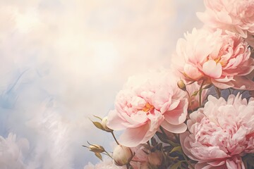 A top-down view of sunlit peonies on a soft pastel backdrop, featuring ample copy space for text.