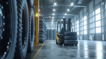 Tire Warehouse car tires with forklifts and a stack of car tires. - obrazy, fototapety, plakaty