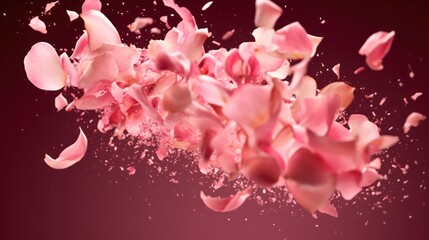 Petal of pink rose where it dances freely. Valentine background. Red pink petals falling, generate AI