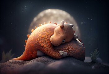 Baby dinosaur sleeping on the moon illustration. Cute digitally painted dinosaur hugging a star. For greeting cards, wall art and nursery designs. Generative AI