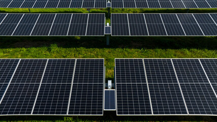 Aerial view on solar panels in a country meadow. Green, eco-sustainable and renewable energy...