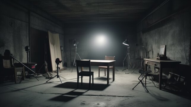 Director's office with large wooden table., gritty interrogation room with single bright light overhead