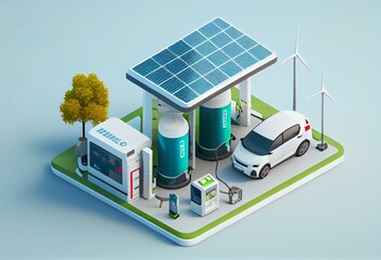 Hydrogen gas and electric charger station with future car and renewable energy sources, wind turbines, solar panels, battery and tank containers. Isometric 3d render illustration fuel. Generative AI