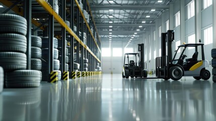 Tire Warehouse car tires with forklifts and a stack of car tires.