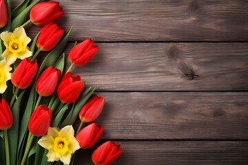Banner with red tulips and yellow daffodils on a wooden background.