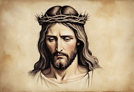 Religious artwork of Jesus wearing a crown of thorns on vintage paper background