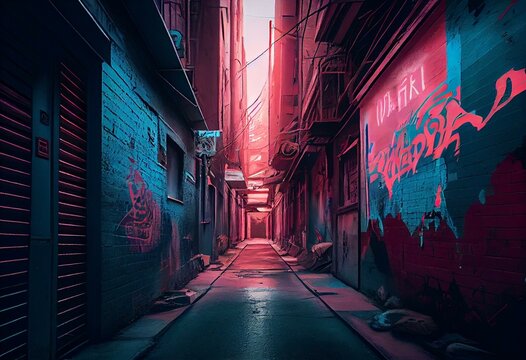 a street alley full of graffiti in a pink and blue desaturated pastel gradient style. vaporware illustration of an alley surrounded by graffiti. Generative Ai