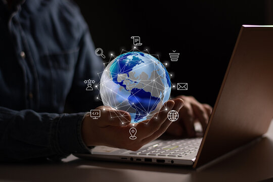 Global network connection. Big data analytics and business concept.Social media business network concept businessman holding Global network connection in crystal ball. Big data analytics and business 