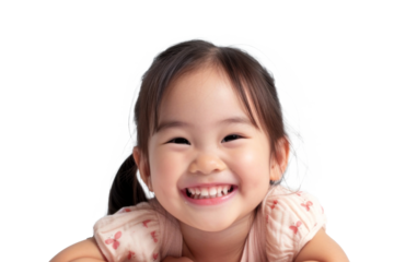 Studio portrait of a cute happy little girl with a beautiful smile isolated on transparent png background.