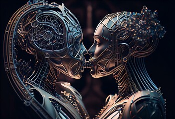 Kiss of Machine Consciousness. Generative AI - obrazy, fototapety, plakaty