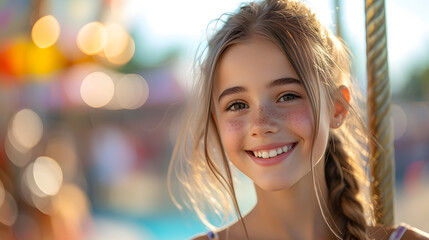 Fototapeta premium A girl with long hair is smiling at the camera. She is at a carnival with a ferry wheel in the background.
