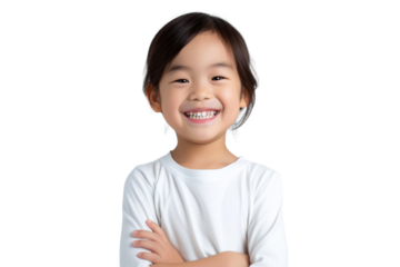 Studio portrait of a cute happy little girl with a beautiful smile isolated on transparent png background.