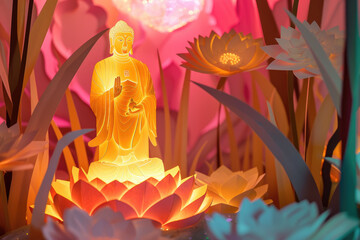 Glowing golden buddha decorated with pink paper cut lotus flower